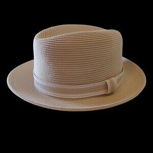 VTG Country Gentleman Mens L Straw Fedora Hat Natural Beige Grosgrain Band